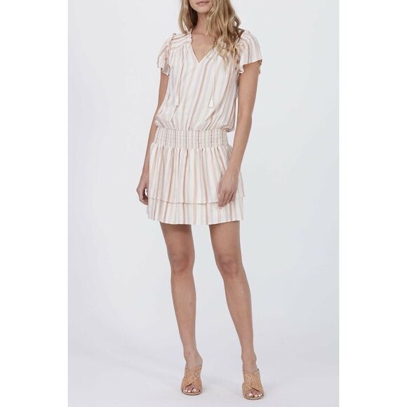 Paige Cristina Minidress In Ecru Smocked Tiered Fits Like a Size L Pink Stripes - Picture 1 of 8